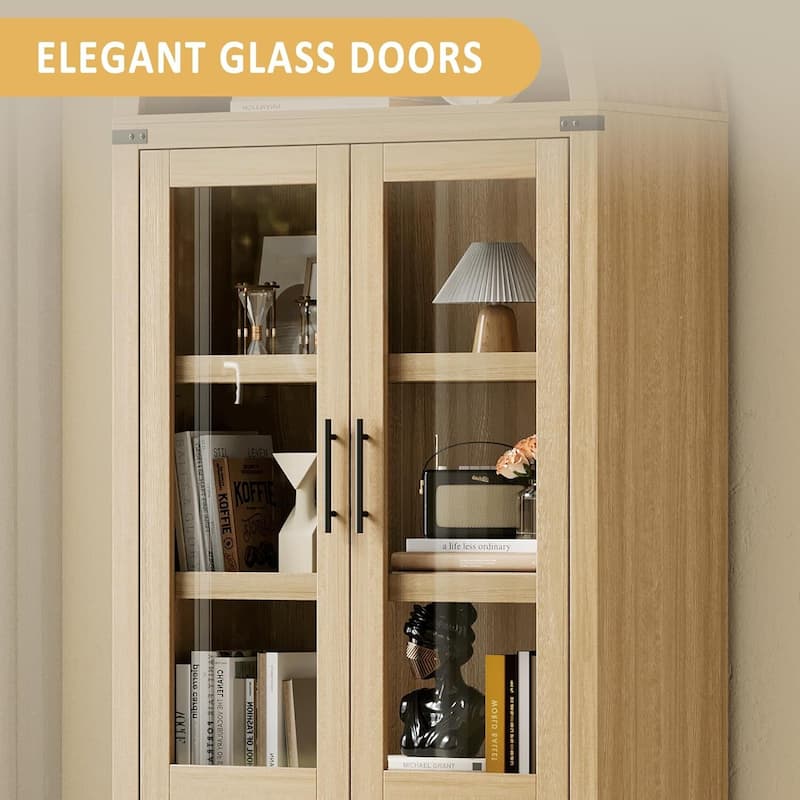 Arched 6-Shelf Bookcase, Display Cabinet with Glass Doors - N/A