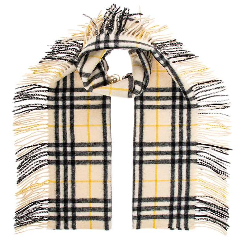 Burberry Cashmere Check Fringe Scarf - Citron Pale Yellow + Multicolor