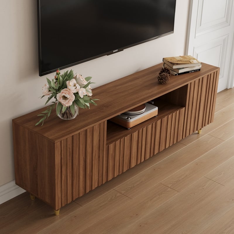 71" Mid-Century Modern Brown Wood Living Room TV Stand with Storage Cabinets & Open Shelves