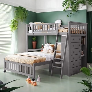 Wooden Twin Over Full Bunk Bed With 6 Drawers And Shelves, Grey - Bed ...