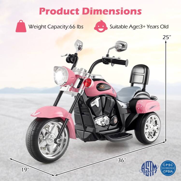 6V Powered Toddler 3-Wheel Motorbike Ride On Toy with Horn and Headlight - 36" x 19" x 25" (L x W x H)