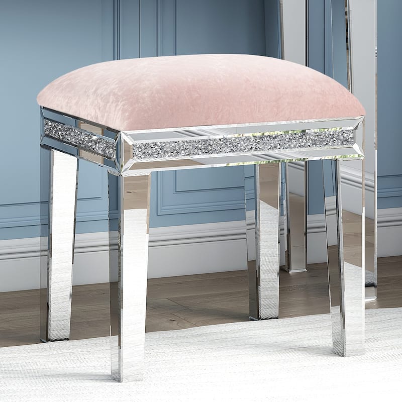 Mirror Diamond Vanity Stool with Velvet Upholstered Seat