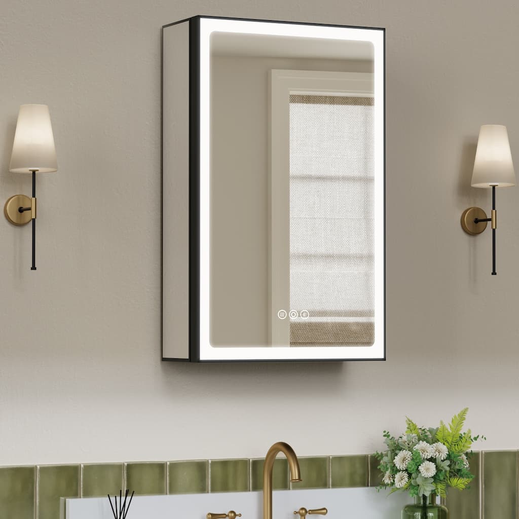 Grand Aluminum Medicine Cabinet with Mirror, Adjustable Shelves, Dimmable Light, Anti-Fog, Recessed or Wall Mount
