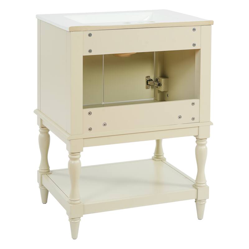 24 inch Modern Luxury Bathroom Vanity with Ceramic Sink, Bathroom Cabinet with Open Shelf and Closed Storage