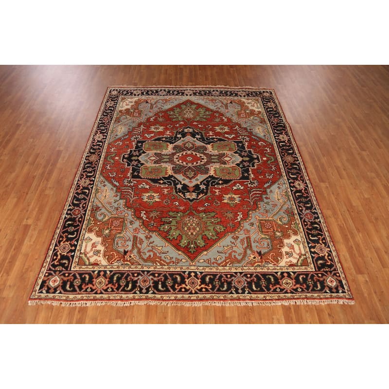 Orange Medallion Heriz Serapi Indian Area Rug Hand-Knotted Wool Carpet - 7'11" x 9'11"