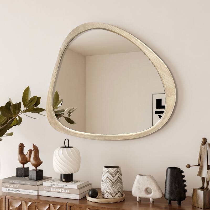 Solid Wood Asymmetrical Wall Mirror - Natural Wood Washed, Living Room, Bedroom - Natural Wood