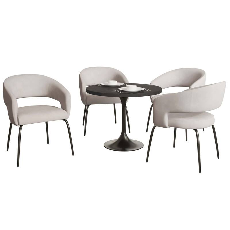 Verve Modern 36 Inches Round Dining Set with Solid Wood Tabletop and 4 Velvet/Leather Chairs for Home Kitchen or Dining rooms - Beige Velvet