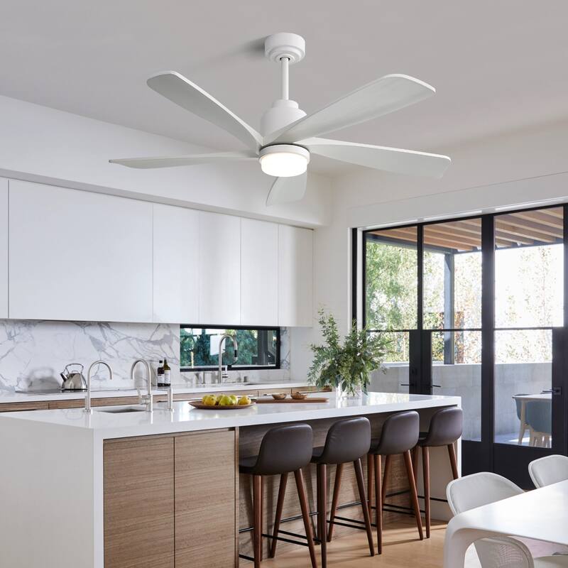 52" Indoor Ceiling Fan with Light, 5 Solid Wood Blades Smart Remote Control Reversible DC Motor Ceiling Fan - White