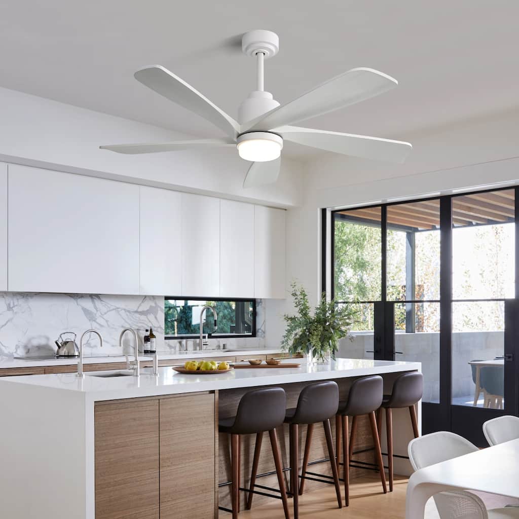 52 Inch Ceiling Fan With Dimmable LED Light 5 Solid Wood Blades Smart Remote Control - White