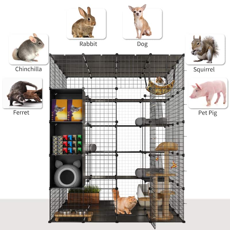 Large Cat Cage with Storage Cube DIY Indoor Catio Metal Cat Playpen with Hammock Platforms for 1-4 Cats 5 Tiers Cat Kennel