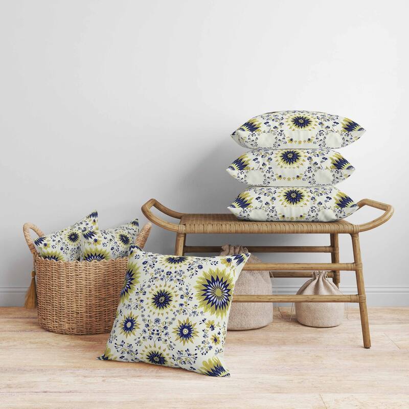 Delightful Dandelions Faux Suede Reversible Throw Pillow Indigo and Olive