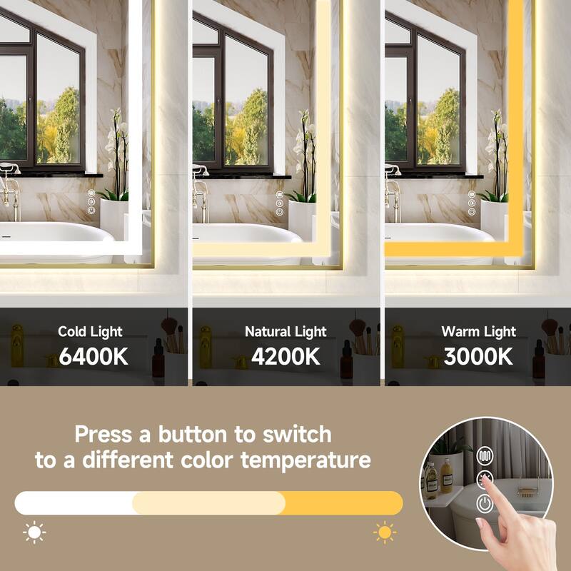 Modern Gold LED Bathroom Mirror with Dual Light Strips and Anti-Fog Dimmable for Horizontal or Vertical - 24” x 32” x 0.16”