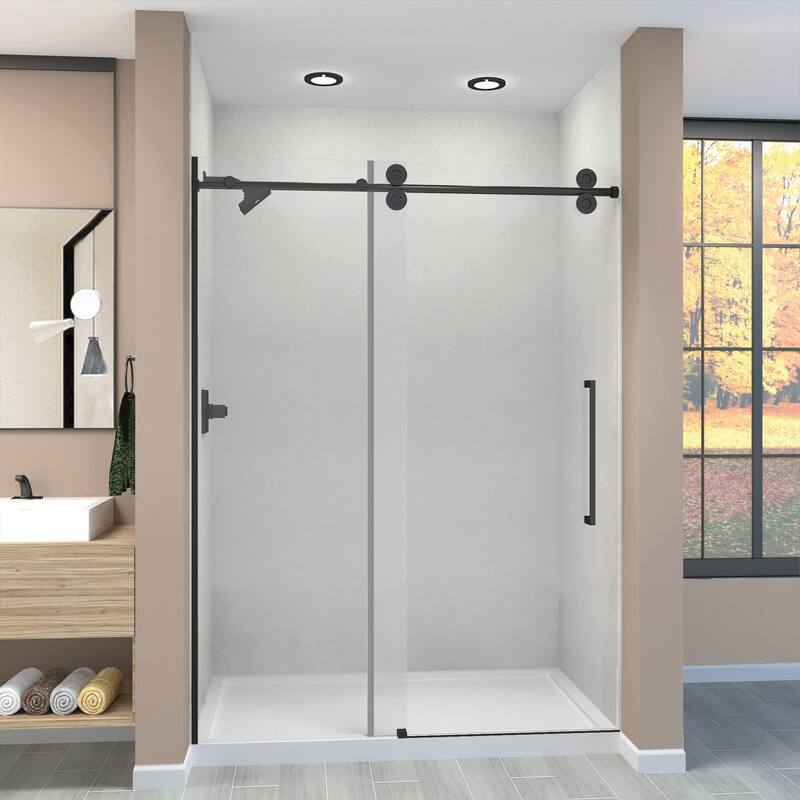 Teegan 59 in. W x 80 in. H Sliding Semi Frameless Shower Door with Fixed Panel with Clear Glass - 56.5-59-in W x 80-in H