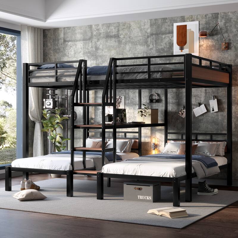 Triple Metal Bunk Bed with Storage Shelves and Stairs, Queen/Twin/Twin, Black