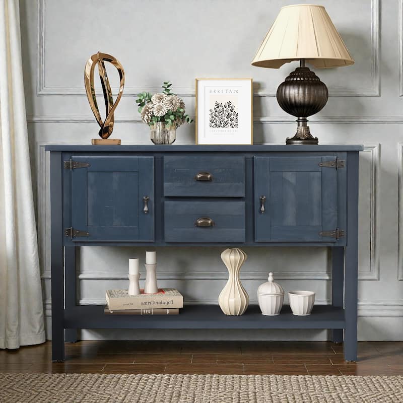 48" Solid Wood Sideboard Console Table with Drawers, Cabinets and Bottom Shelf, Retro Buffet Storage Cabinet