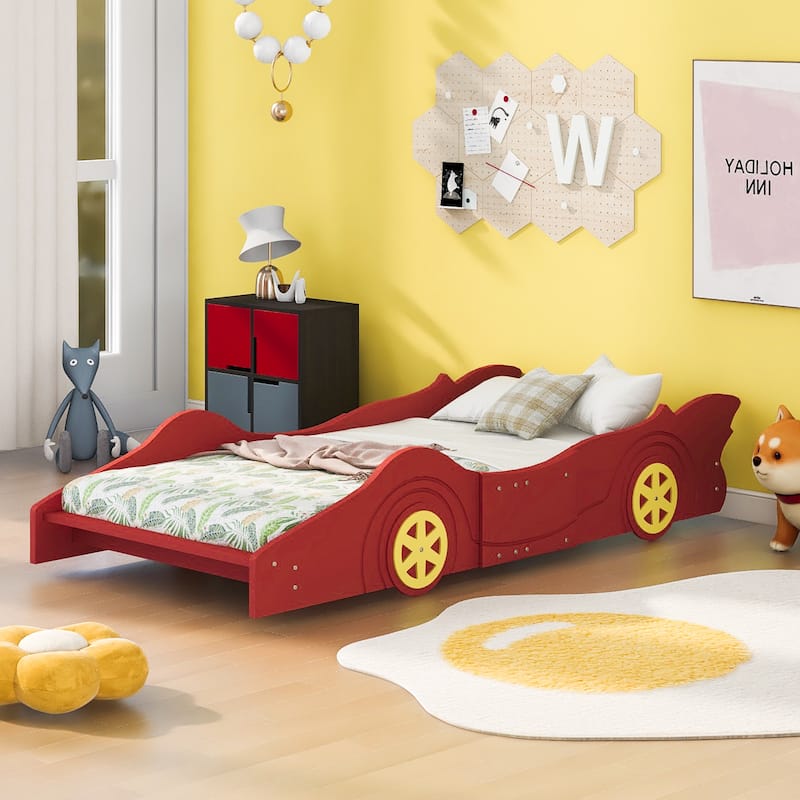Wooden Race Car-Shaped Platform Bed with Wheels - Red - Twin