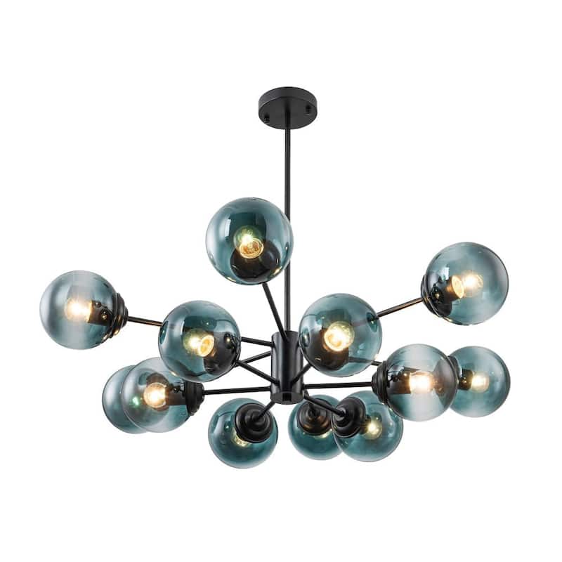 Mid-Century 12-Light Sputnik Blue Glass Bubble Chandelier 35.4in