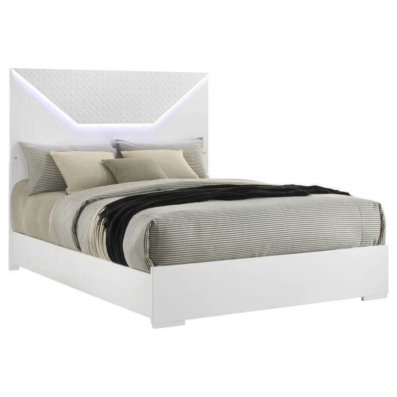 White High Gloss Queen Panel Bed with LED Headboard and Diamond Texture