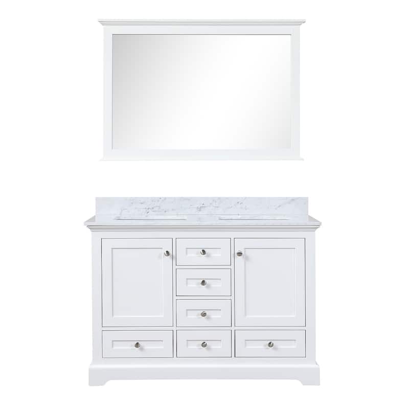 Dukes 48 in. W x 22 in. D White Double Bath Vanity, Carrara Marble Top, and 46 in. Mirror - Painted - White - Double Vanities