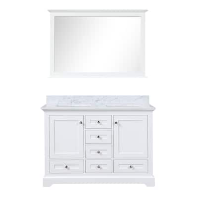 Dukes 48 in. W x 22 in. D White Double Bath Vanity, Carrara Marble Top, and 46 in. Mirror