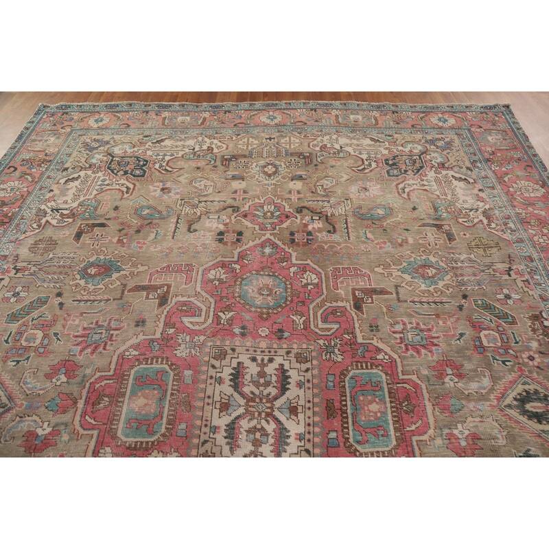 Brown Distressed Tabriz Persian Antique Area Rug Handmade Wool Carpet - 9'2" x 12'10"