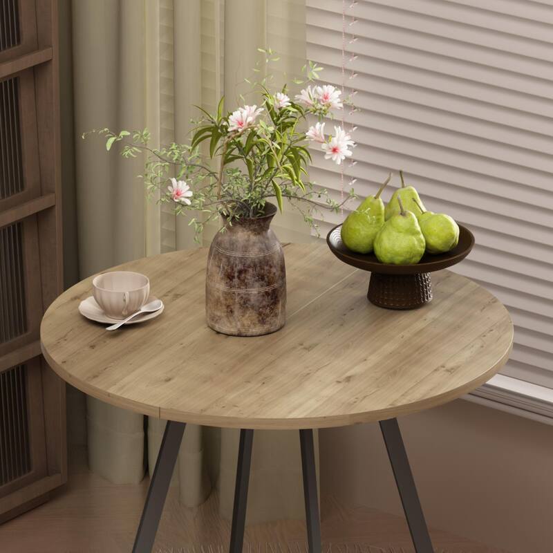 Anmytek Round Dining Table Modern Wood Top and Metal Frame Brown Industrial Kitchen Table