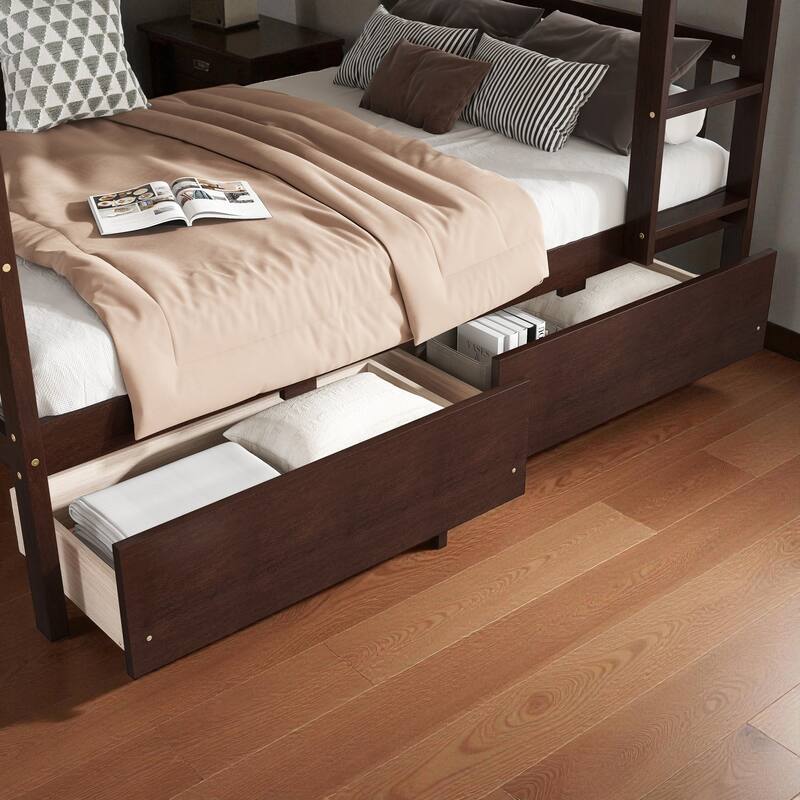 Twin Over Twin Rubber Wood Bunk Bed with 2 Drawers, Convertible into 2 Twin Beds, Ladder and Safety Guardrails