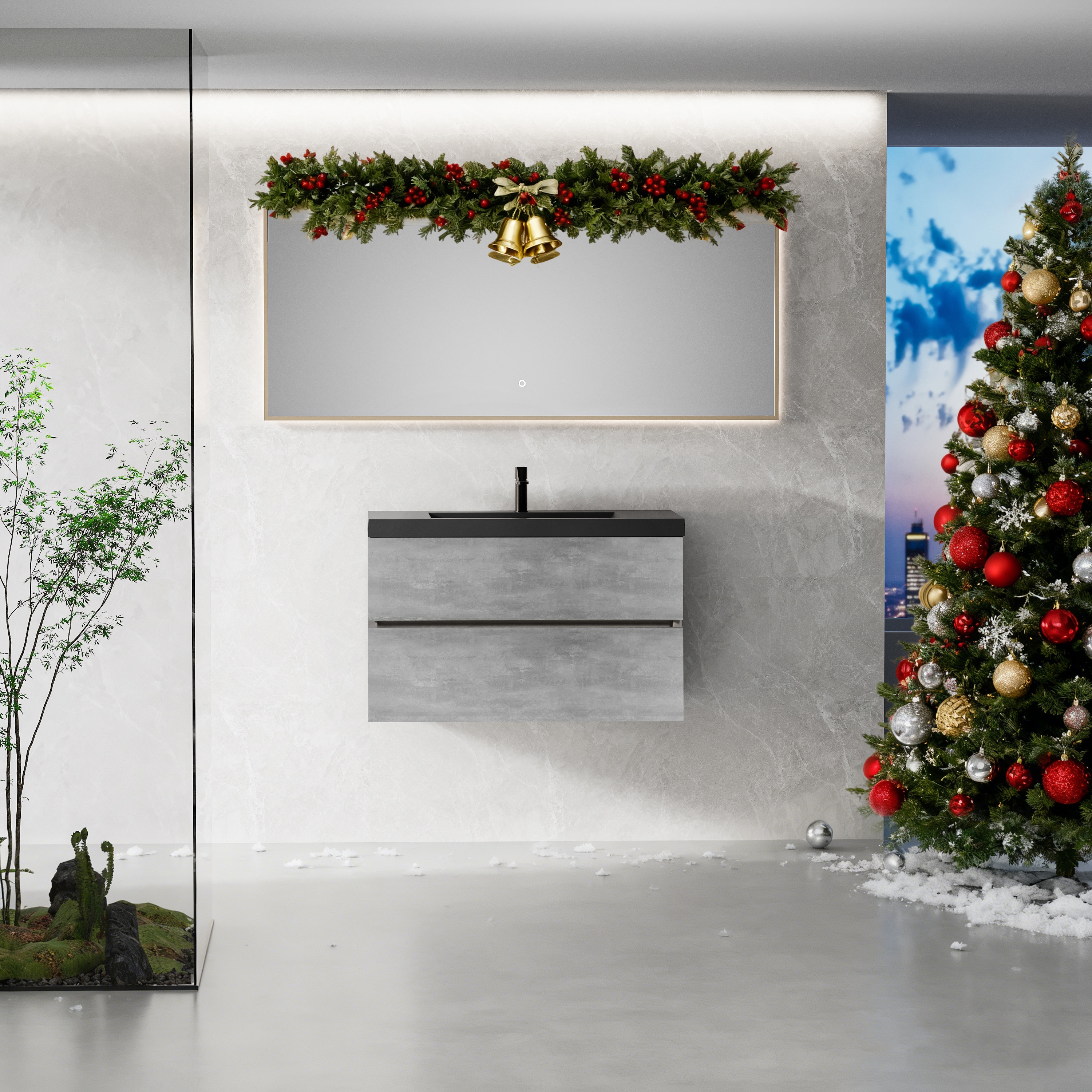 36" Floating Bathroom Vanity with Sink, Modern Wall-Mounted Bathroom Storage Vanity Cabinet with Quartz Sand Top Basin