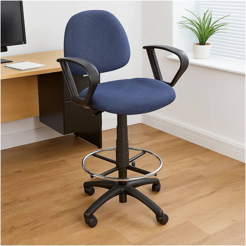 Jea Drafting Stool Chair, Loop Arms, Blue Tweed, Round Footring
