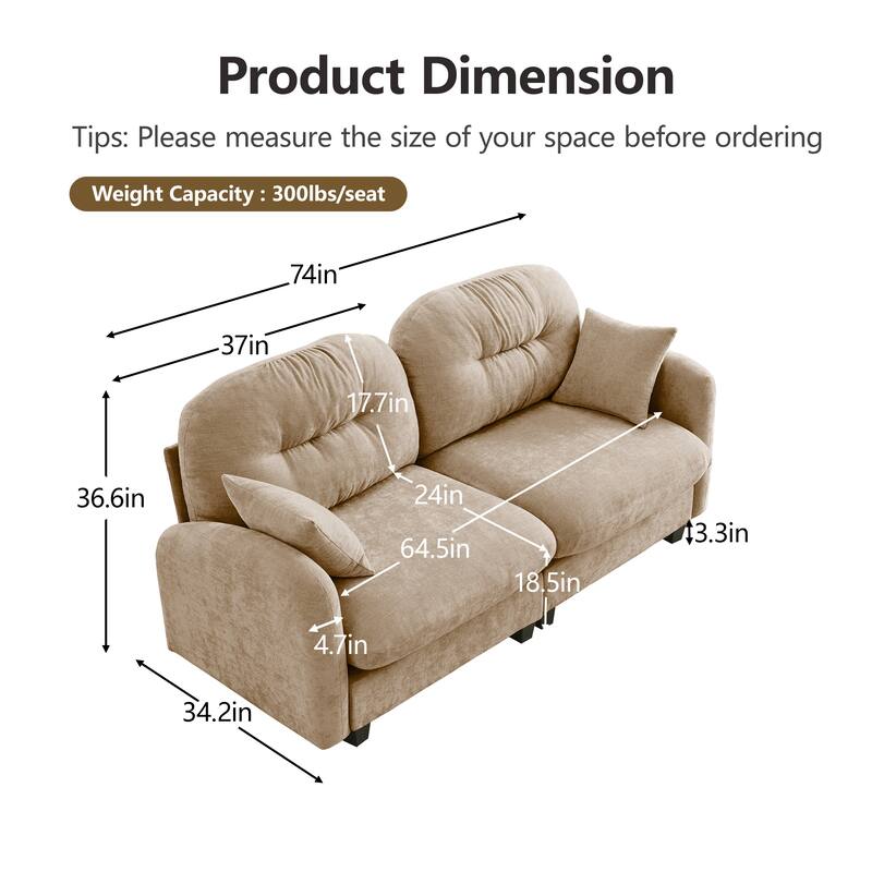 Minimalist Sectional Sofa Couch with Tufted Backrest, 2-Seater Sofa Couch Fabric Loveseat with Armrests