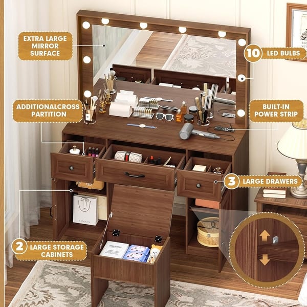 Large Modern Dressing Table & Stool Set With LED Mirror - 3 Drawers, 2 Cabinets, 6 Shelves, Built-in Outlet (Black)-1006959