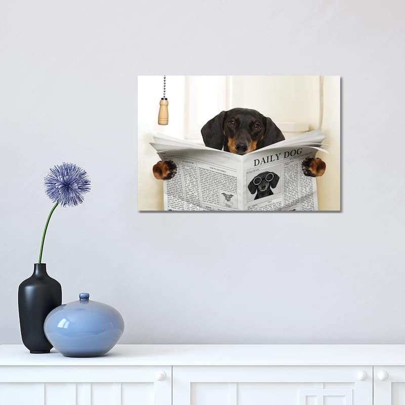 iCanvas "Dog On Toilet Seat Reading Newspaper III" by damedeeso Canvas Print - 12x18x1.5