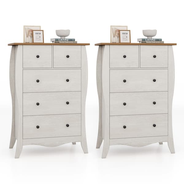 slide 2 of 20, Gymax 2PCS 38'' Farmhouse Chest of Drawers w/ 5 Folding Fabric Drawers Grey