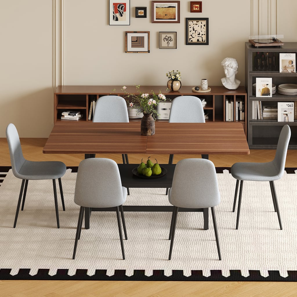 7-Piece Modern Dining Table Set, 71x35.4 Inch Wood Grain Table & 6 High-Resilience Fabric Chairs