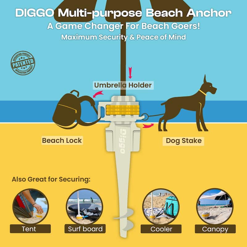 Diggo Dog Stake Beach Anchor - Dog Beach Essentials for All Dog Sizes - 1pc