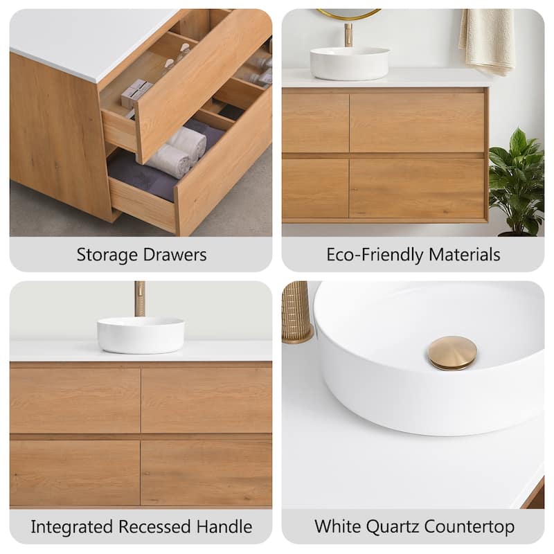 Sylphar 48 inch Toffee Oak Floating Bathroom Vanity with White Quartz Top