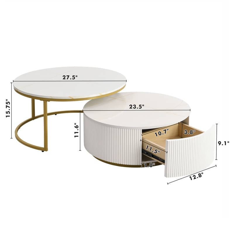 Modern Round Nesting Coffee Table Fluted with Drawer in 27.6"