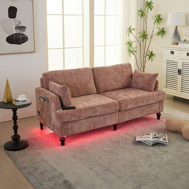 Modern Style Chenille 2-Seater Wood-Legged Sofa With Led Light, Usb Charging Port And Storage Bag Living Room Bedroom Study Room