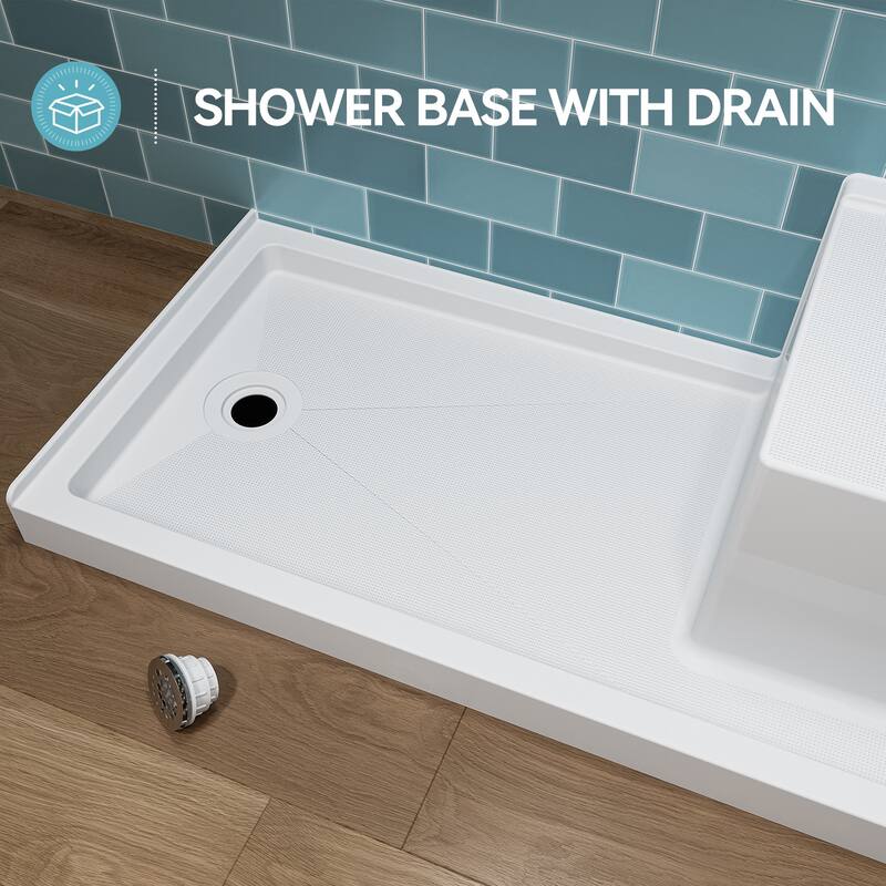 HOROW 60 x 32 Inch Alcove Shower Pan Base in White with Built In Seat - Left Drain Location