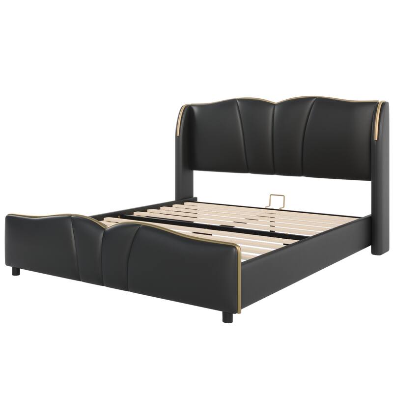 Modern Queen Size Leather Upholstered Bed Frame with Wingback Headboard and Wavy Footboard, No Spring Box Needed