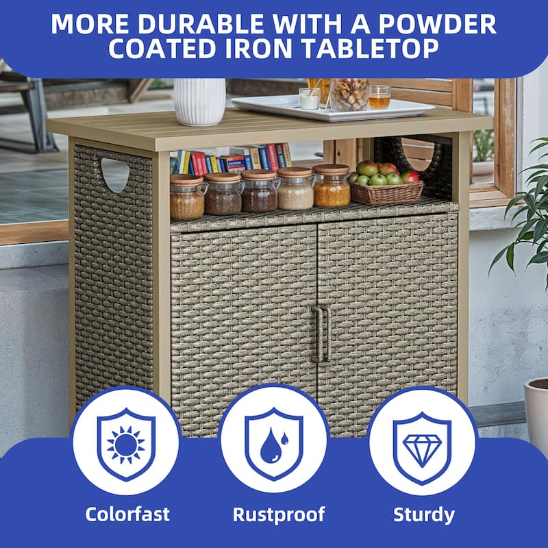 Moasis Outdoor Wicker Bar Table Ratten Storage Cabinet with 2 Doors and Shelves