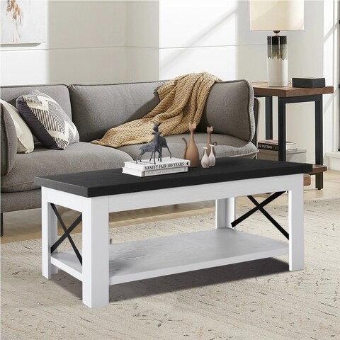 47.2 in. Black Rectangle Wood Coffee Table with Bottom Storage Shelf