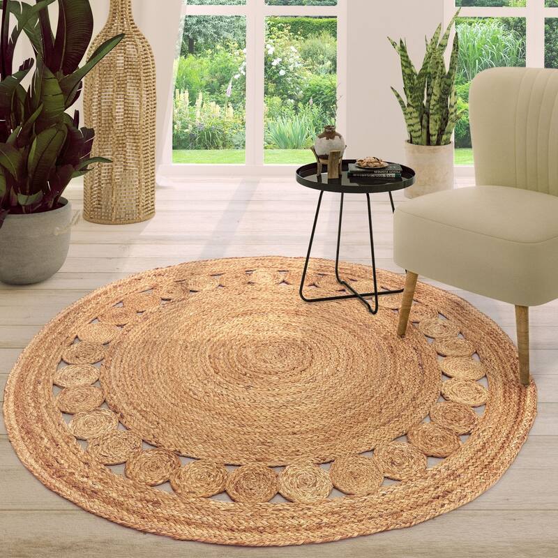 Hand-Woven Jute Rug Round with circles and border in Nature