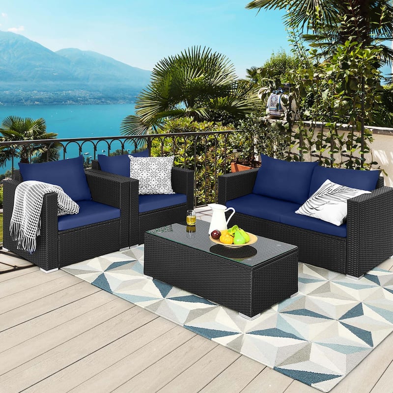 Costway 8 PCS Patio Rattan Furniture Set Cushioned Sofa Chair Coffee - See Details - Blue+Black - See Details