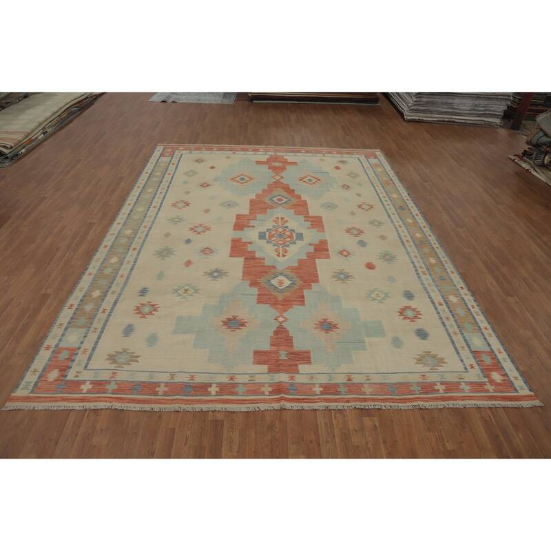 Hand Woven Southwestern Wool Beige Geometric Area Rug - 12' 9'' X 9' 9''
