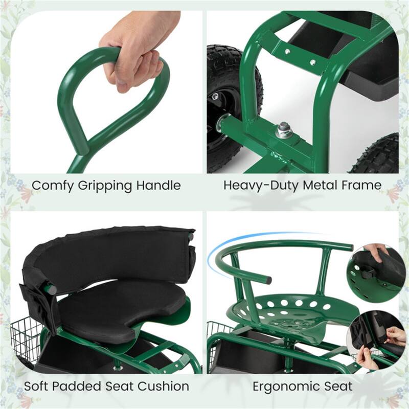Adjustable Rolling Garden Cart with 360-Degree Swivel Seat Heavy-Duty Metal Frame Storage Basket - 35.5" x 24" x 23.5"-27"