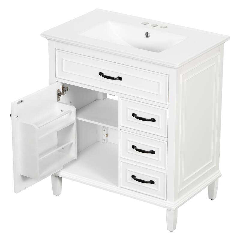 30 Inch Bathroom Vanity with Ceramic Sink Top, Flip Drawers, Freestanding Storage Cabinet (Faucet Not Included)