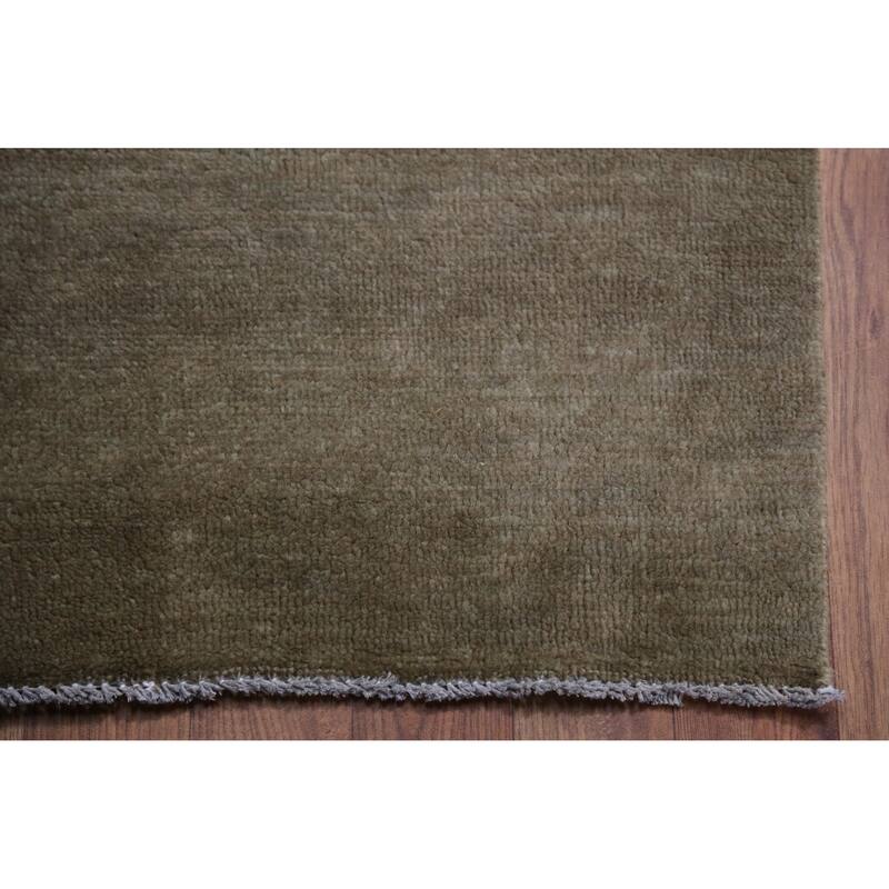 Hand Knotted Oriental 100% Wool Carpet Modern Solid Green Gabbeh Runner Rug - 8' 0'' X 2' 6''