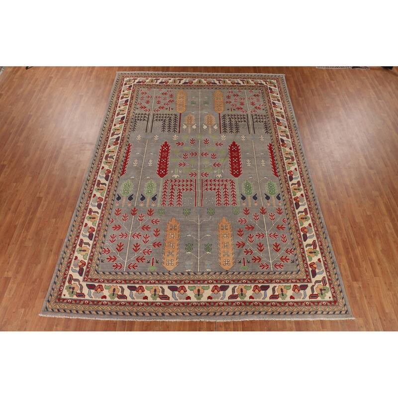 Grey Traditional Kazak Rug Hand-Knotted Wool Carpet - 9'7" x 13'2"