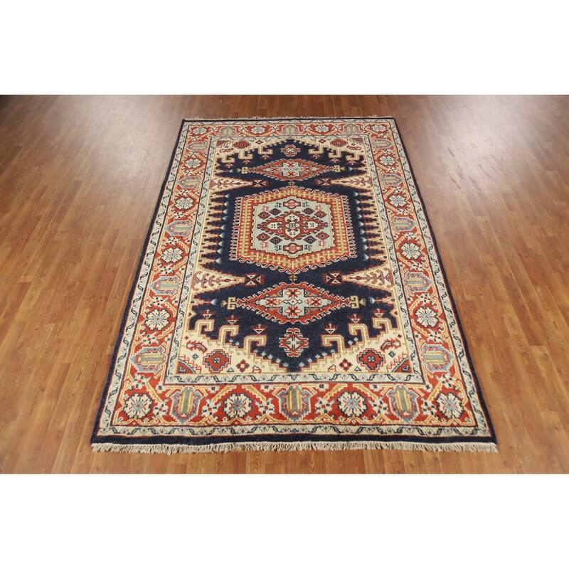 Navy Blue Viss Indian Area Rug Hand-Knotted Wool Carpet - 5'11" x 9'0"